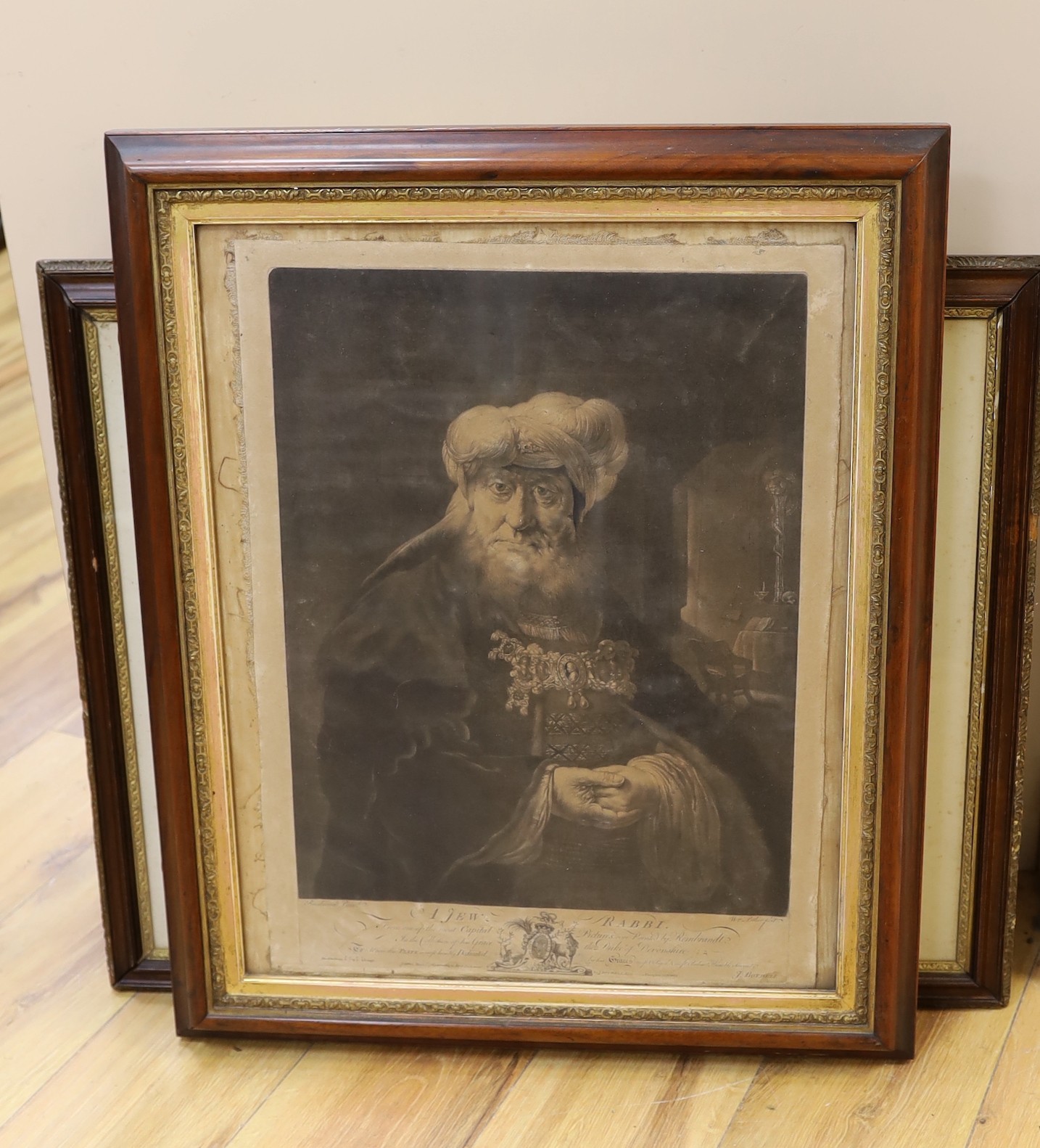 William Pether after Rembrandt, mezzotint, 'A Jew Rabbi', overall 53 x 39cm, another mezzotint after Rembrandt by McArdell and a pair of engravings of woodlanders